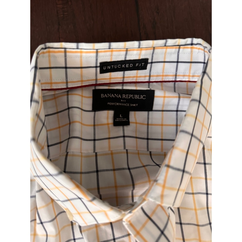 Banana Republic Mens Performance Shirt Untucked Fit Orange Navy Check Large